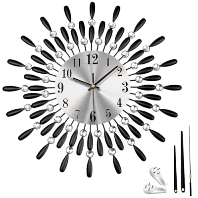 Image of Crystals Wall Clock 38cm Diamante Beaded, Elegant Quartz Jeweled for Home, Stylish Decorative Living Room, Bedroom &amp; Office, Modern Round with Sparkling Design (Black)