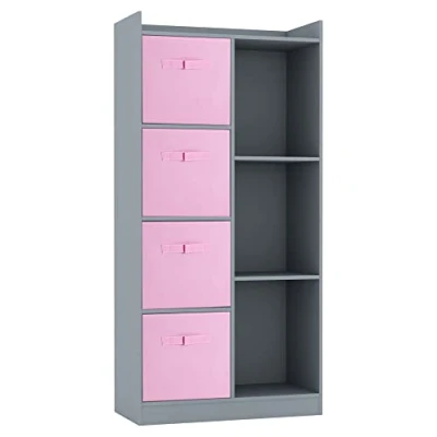 Image of URBNLIVING Tall Wooden 7 Cube Bookcase Shelving Display Storage Unit Cabinet Shelves New (Grey Bookcase) (Light Pink Drawer)