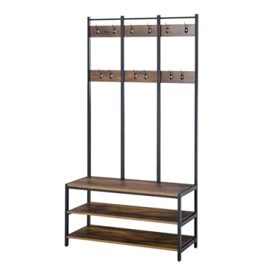Image of HOMCOM Coat Rack Stand, Free Standing Hall Tree, Stand with Hooks, Bench and Shoe Rack, 100cm x 40cm 184cm, Industrial Style, Rustic Brown Black