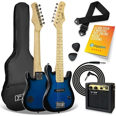Image of 3rd Avenue 1/4 Size Kids Electric Guitar Pack for Junior Beginners 6 Months FREE Lessons, 5W Portable Amp, Cable, Bag, Picks and Strap Blue