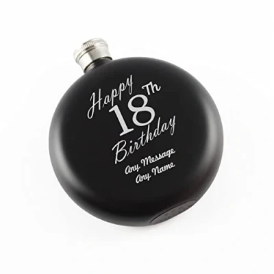Image of Personalised Engraved 5oz Round Black Painted Stainless Steel Pocket Hip Flask, Happy 18th Birthday Design, Gift for Him, Gift, Laser in The UK