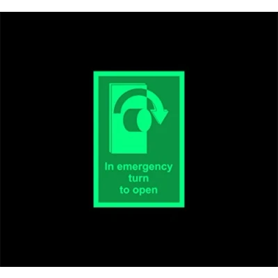 Image of In emergency turn right to open Safety sign 150mm x 100mm 1.2mm Photoluminescent rigid plastic with self adhesive backing