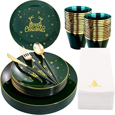 Image of KAHEIGN 175Pcs Resuable Christmas Dinnerware Set, Gold Rimmed Green Plastic 25 Dinner Plates, Salad Knives, Forks, Spoons, Napkins for Guests Party