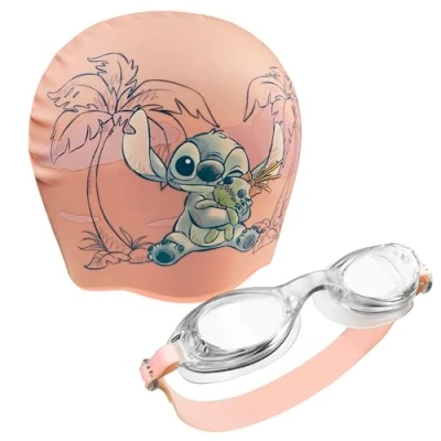 Image of Disney Children&#039;s Swimming Goggles and Cap Set Anti Fog UV Protection (Peach Stitch, 6 14 Years)