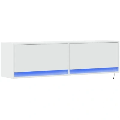 Image of vidaXL TV Wall Cabinet White Floating Unit with Adjustable RGB LED Lights, Engineered Wood, 2 Drawers Space Saving Storage Solution for Living Room
