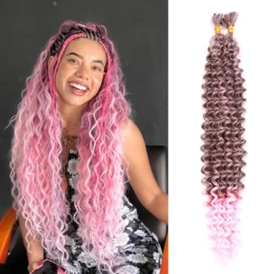 Image of Curly Braiding Hair for Boho Braids 2 Bundles 100g Synthetic Deep Wave Bulk No Weft Wet and Wavy Crochet Women Knotless Extensions (1B/Pink, 24 Inch(50g/Bundle x2))