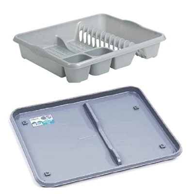 Image of Large Dish drainer and Tray Rack Holds up to 12 plates with two handy cutlery (Silver/Grey) Set of 2