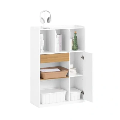Image of SoBuy Home Office Bookcase Bookshelf Standing Shelf Storage File Cabinet White and Natural W72 x D30 H110cm STR11 WN
