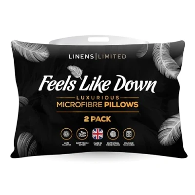Image of Linens Limited Soft Pillows 2 Pack, Hotel Quality, Luxurious Bounce Back Pillows, Feels Like Down, Firm and Orthopedic Support, Non Allergenic Microfibre, Machine Washable (White)
