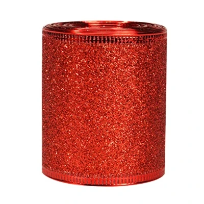 Image of Lezevn 2.5 Inch x 6 Yards Wide Wired Edge Ribbon Christmas Glitter Sparking Shiny Ribbons Roll Tree Decorations Floral Wreath Bows (Red)