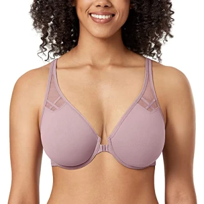 Image of Delimira Women&#039;s Front Fastening Bras Underwire Non Padded Plunge Racer Back Comfort Plus Size Bra Mauve Shadows 36B