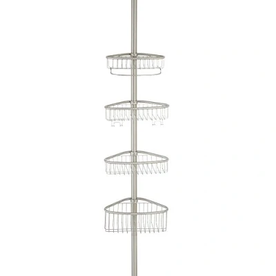 Image of iDesign Telescopic Caddy, Stainless Steel Shower Storage Shelf with Constant Tension Technology, Compact Bathroom Organiser 4 Baskets and Hooks, Matte Silver