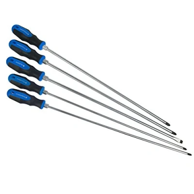 Image of 5pc Extra Long Screwdriver Flat Slotted Pozi Phillips Headed Total Length 450mm