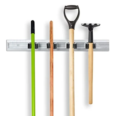 Image of Relaxdays Garden Tool, Wall Mounted Mop &amp; Broom Holder, Organisation Bracket, Aluminium, Silver, 5.5 x 48.5 4.5 cm