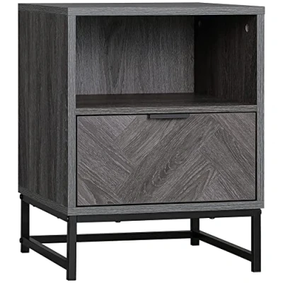 Image of HOMCOM Bedside Table with Drawer and Shelf, Side End Steel Legs for Living Room, Bedroom, Dark Grey