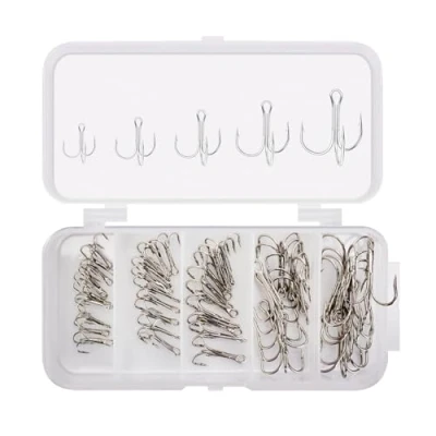 Image of OriGlam 50pcs Fishing Treble Hooks Kit, High Carbon Steel Hook, Strong Sharp Round Bend Hook 2# 4# 6# 8# 10# for Freshwater Saltwater