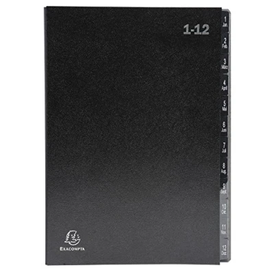 Image of Exacompta Ref 57012E Multipart File 250 x 330mm in Size, Suitable for A4 Documents, 270gsm Recycled Card, Expanding Spine, 12 Sections (Labelled 1 12) Black