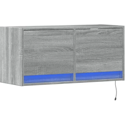 Image of vidaXL TV Wall Cabinet with LED Lights Floating Unit in Grey Sonoma, Engineered Wood, 80x31x38 cm, Modern Style, Living Room Storage, Two Drawers
