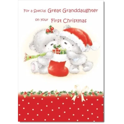 Image of doodlecards Great Granddaughters 1st First Christmas Card Cute Bears with Stocking Medium Size for Plain Envelope