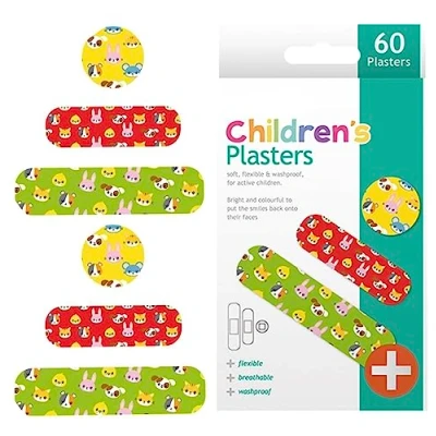Image of Kids Plasters/Children Plasters 60 Pack, Assorted 3 Sizes and Colourful Design,Animal Design, Washproof, Breathable Unisex Pack