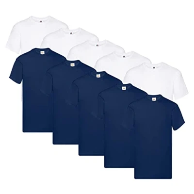 Image of Fruit of the Loom Men&#039;s T Shirt (Pack 10), 5 x white + navy 1 Hl Kauf notepad, L