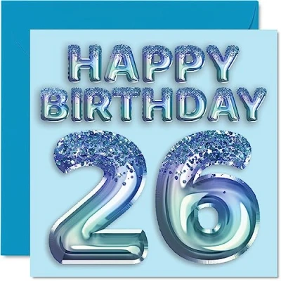 Image of 26th Birthday Card for Men Blue Glitter Party Balloon Happy Cards 26 Year Old Man Brother Son Nephew Uncle, 145mm x Twenty Six Sixth Bday Greeting Gift