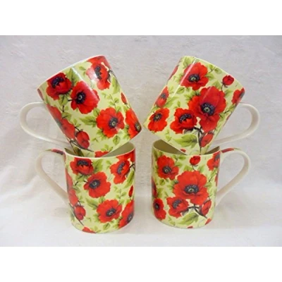Image of Set of 4 Extra Large China Mugs in red Poppy Design