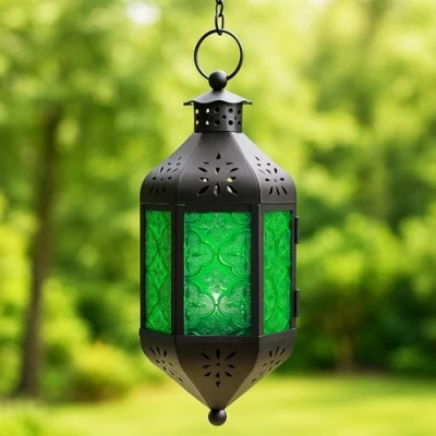 Image of Green Glass Hanging Moroccan Candle Lantern with Chain