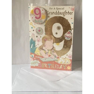 Image of For A Special Granddaughter 9 Happy Birthday Card With Badge Age 9th Nineth Nine Cute Girl Writing/Cat Glitter/Foil Detail(CC75011B/03)
