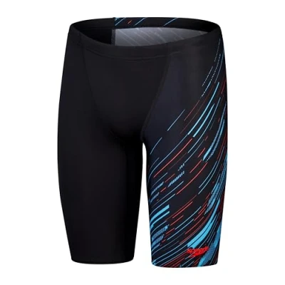 Image of Speedo Men&#039;s Hyperboom V Cut Jammer Quick Drying Training Fitness Chlorine Resistant , Black/Picton Blue/Siren Red, 28