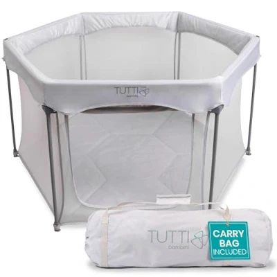 Image of Tutti Bambini Baby Playpen Foldable for and Toddlers with Breathable Mesh Walls, Padded Frame, Zip Door &amp; Fitted Mat, Play Pen Travel Bag (135 x 135 75 cm), Silver