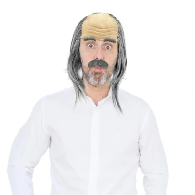Image of UILYNIU 3PCS Gray Grandpa Wig with Beard Eyebrows Costume Old Man Crazy Professor Bald Men Men&#039;s Fancy Dress for Halloween Carnival Cosplay Party (Gray)