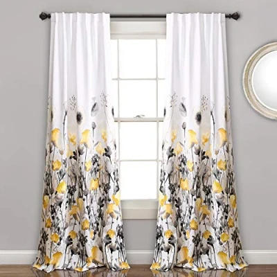 Image of Lush Decor, Yellow and Gray Zuri Flora Curtains Room Darkening Window Panel Set for Living, Dining, Bedroom (Pair), 84 x 52, 84&quot; 52&quot;