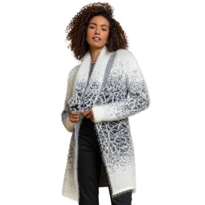 Image of Roman Womens Mosaic Print Fluffy Cardigan Ivory Size 16 UK