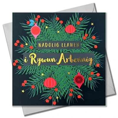 Image of Welsh Christmas Card, Someone Special, Fir Wreath, text foiled in shiny gold