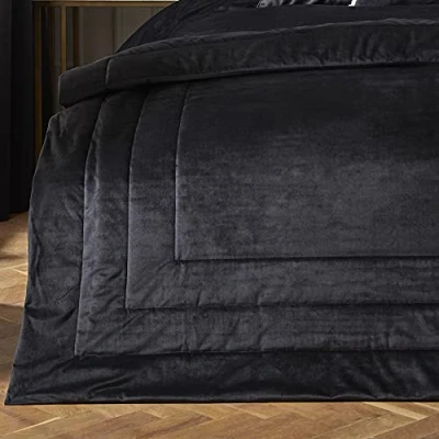 Image of Laurence Llewelyn Bowen Black Velvet Bedspread L220cm x W150cm Box Frame Stitch Luxury Quilted in Super Soft Throw Blanket for Bed Quilt Bedding