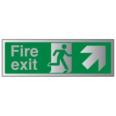 Image of V Safety Fire Exit Arrow Up and Right Sign 300mm x 100mm 3mm Brushed Alu Comp