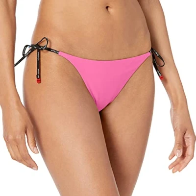 Image of HUGO Women&#039;s Contrast Logo Slim Fit Bikini Bottom with Adjustable Side Ties, Bright Magenta, Medium