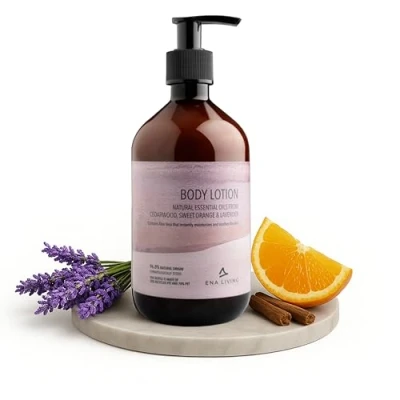 Image of ENA Living Cedar Scented Lotion 500ml for Sensitive and Dry Skin Hands, Face Body Food Moisturiser with Rosemary, Lavender Sweet Orange Oils