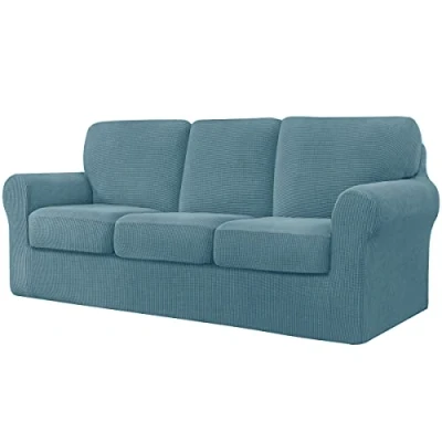 Image of CHUN YI 7 Piece Stretch Sofa Cover, 3 Seater Slipcover with Three Separate Cushions and Backrests, Jacquard Spandex Fabric(3 Seater,Smoky Blue)