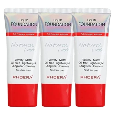 Image of Glamza Phoera Foundation Full Coverage Makeup Set 24hr Long Lasting Oil Control Same Smarter Packaging Inc x3 30ml &amp; Silicone Blender Sponge (104A Natural Beige)