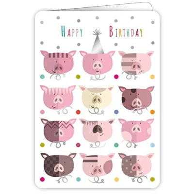 Image of Quire Colourround Card Happy Birthday Pigs,Pink,115x163mm