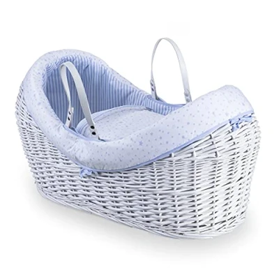 Image of Clair de Lune Stars &amp; Stripes Wrapover White Wicker Noah Pod Integrated Hood Includes Handles, Coverlet, Padded Liner and Hypoallergenic Mattress Suitable from Birth 76 x 29 45 cm (Blue)