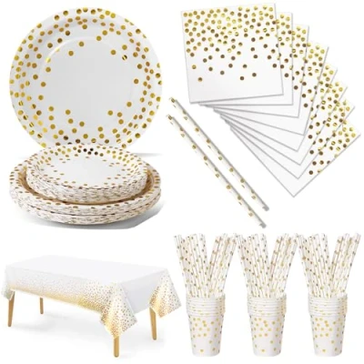 Image of Nkaiso Party Tableware 126 Piece White Gold Paper Set Includes Birthday Plates Napkins Cups Straws for Wedding Shower Engagement 25 Guests