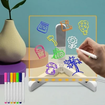 Image of Acrylic Dry Erase Board with Light LED Note Colors Message Memo Letter Erasable Stand Glow Whiteboard 7 Pen for Home Office School (6&quot;x6&quot;)