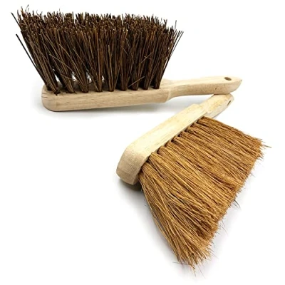 Image of Twin Pack Soft &amp; Stiff Hand Brush Deal Natural Coco Hard Bassine Bristle with Wooden Handles