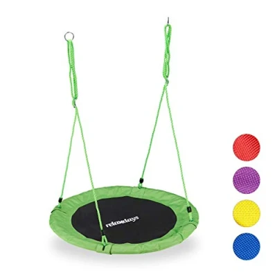 Image of Relaxdays Round Nest Swing For Children &amp; Adults, Adjustable, Ø 90 cm, Spider Web Seat, up to 100 kg, Green, Composite, One Size
