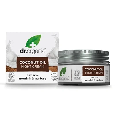 Image of Dr Organic Coconut Oil Night Cream, Moisturising, Dry Skin, Natural, Vegan, Cruelty Free, Paraben &amp; SLS Plastic Recycled Recyclable, Certified Organic, 50ml, Packaging may vary