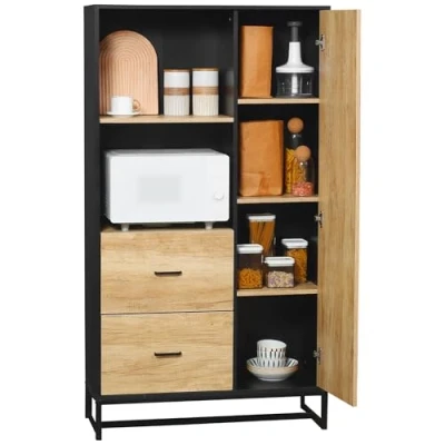 Image of HOMCOM Kitchen Cupboard, Freestanding Storage Cabinet with Soft Close Door, Microwave Stand Adjustable Shelves and Drawers, for Living Room, Dining 160cm, Natural Black