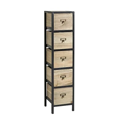 Image of Home Source Solid Wood Chest Storage Unit, Bedroom Office Organiser, Metal Frame, Natural, 5 Drawer
